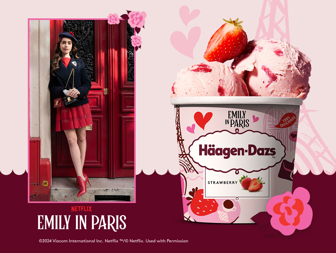 Häagen-Dazs' Emily in Paris Strawberry Ice Cream Pint is featured to the left of a picture of Emily standing in front of a red door wearing a black leather coat, red skirt, and red heels.
